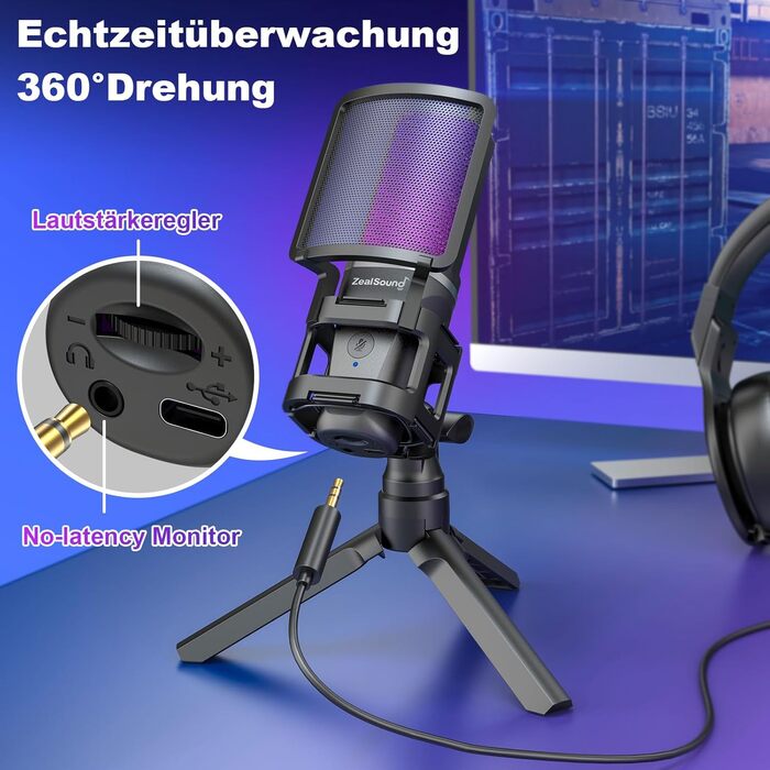 Zealsound USB Мікрофон для ПК та телефону – RGB, з регулюванням гучності, поп-фільтром, тримачем, та 2 адаптерами для подкастів, стрімінгу, Discord, YouTube, TikTok A68