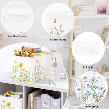 HUUMONSS 30cm Storage Box, 3 Pack, Garden Wildflower Storage Basket, Kids Foldable Spring Butterfly with Handles, Storage Cube Organizer for Toys, Books, Clothes