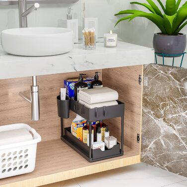 Puricon 2 Set Under Sink Shelf, Dish Cabinet Organizer, 2-Tier Stand Shelf Kitchen Countertop Organizer, Multifunctional Kitchen Shelf Spice Rack Under Sink Shelf Dish Cabinet Shelf - Black