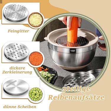 Mixing Bowl Set of 6, Stainless Steel Bowls with Airtight Lid & Silicone Bottom, 3 Grater Attachments, Bowl Set for Baking/Serving, 6.6 L/3.8 L/2.4 L/1.9 L/1.4 L/0.6 L - Khaki