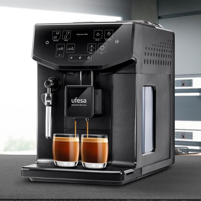 Ufesa Sienna Espresso Machine and Cappuccino Portafilter Machine with Milk Frother, 20 Bar Pressure, Digital Touch Panel, 1360W, for Ground Coffee or ESE Pads, 0.9L Water Tank, Silver (Superautomatic)