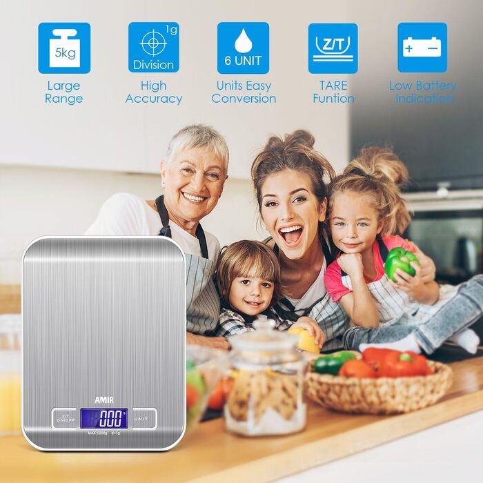 Кухонні ваги AMIR 5 кг, цифрові, професійні, точність до 1 г, з тарою, LCD-дисплеєм, автовимкнення