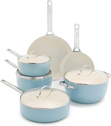 Набір посуду GreenPan Padova Pro 10 предметів: антипригарне покриття Ceramic, без PFOA/PFAS, індукційний, з нержавіючої сталі, Blue Haze
