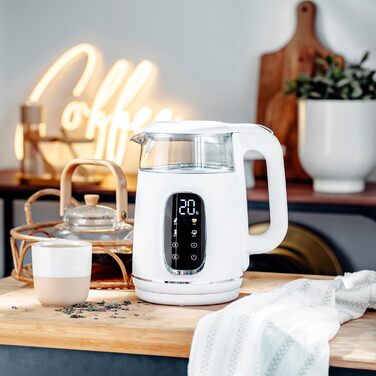 Електричний чайник Adler з регулюванням температури 2200W, 1.7L з LED-дисплеєм та сенсорною панеллю, 5 температурних програм, функцією підтримання тепла, з фільтром (Білий, Сріблястий)