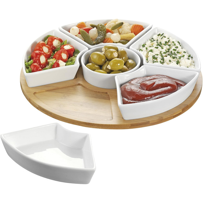 Esmeyer Caterado Rotating Serving Tray SUSAN with 6 white porcelain bowls and a bamboo tray, 34 x 34 x 6.5 cm
