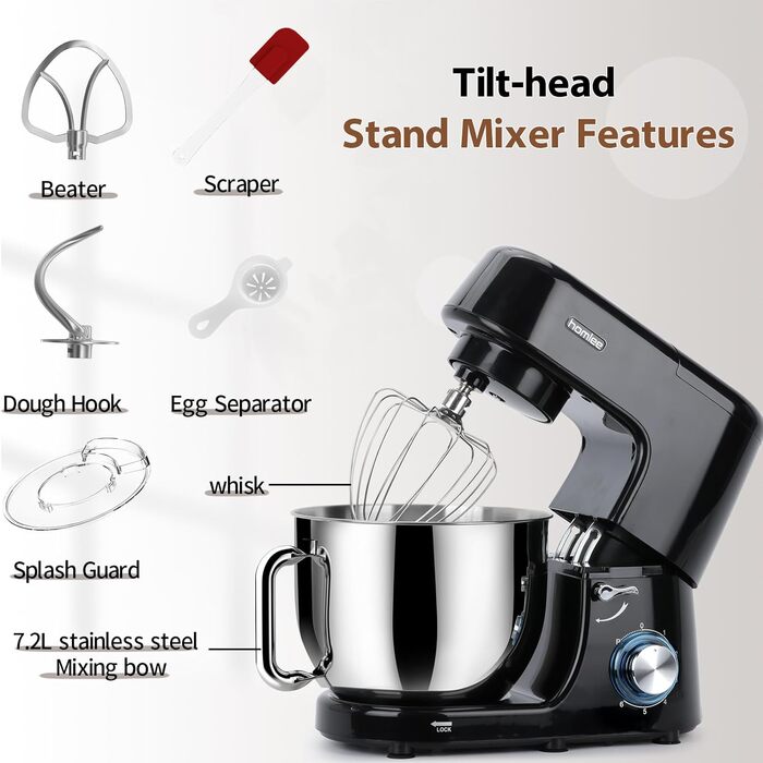 Кухонна машина-міксер 1800W з чашею 7.2L з нержавіючої сталі, 6 швидкостей, низький шум, мультифункціональна (міксер, гак для тіста, вінчик), з кришкою, чорний