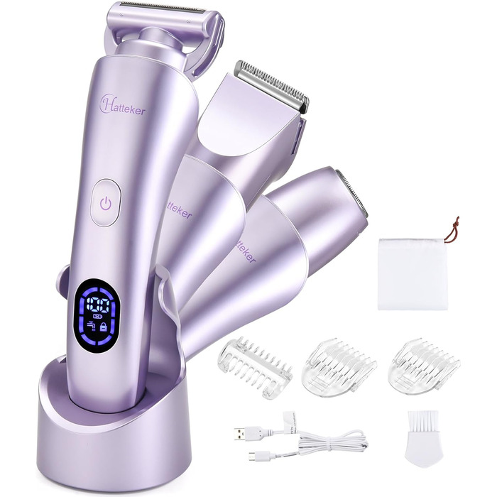 Електричний жіночий епілятор Hatteker 3-в-1: тример для бікіні, бритва та епілятор. З LED-дисплеєм, водонепроникний IPX7, USB-зарядка (фіолетовий)