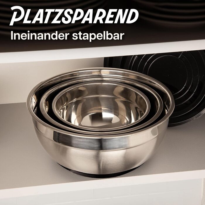Набір з 3 нержавіючих мисок з кришкою Praknu - великі, з антиковзним покриттям, герметичні, з мірною шкалою, економні