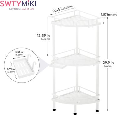 Полиця для душу без свердління SWTYMIKI, 3 шт., кутова, з мильницею та 4 гачками, органайзер для ванної, біла