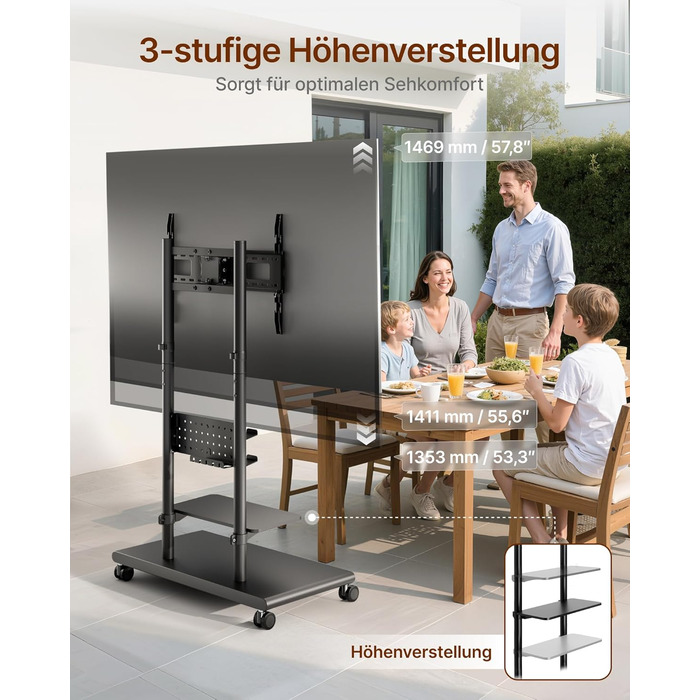 Підставка для телевізора на колесах, 50-90 дюймів, до 70 кг, регульована висота та нахил, з полицями, VESA 600x400 мм