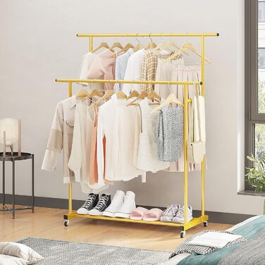 Clothes rack with double bar, rolling clothes rack, portable clothes rack for bedroom, living room, clothing store, gold