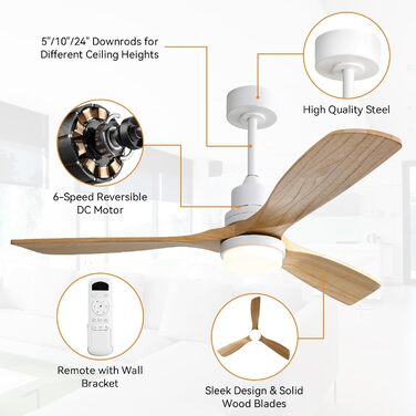 Стеляний вентилятор Sofucor з дистанційним керуванням, дерев'яний вентилятор з 3 лопатями, 132 см, тихий, 6 швидкостей, таймер, DC двигун, режим літо/зима для спальні (з підвісом та кріпленням, натуральне дерево)