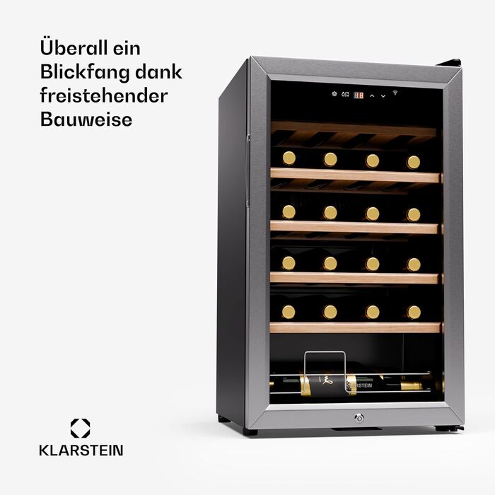 Klarstein Wine Fridge - 16/24 Bottle Wine Cooler with Glass Door - Stainless Steel - 5-18°C Temperature Control - Indoor/Outdoor Use