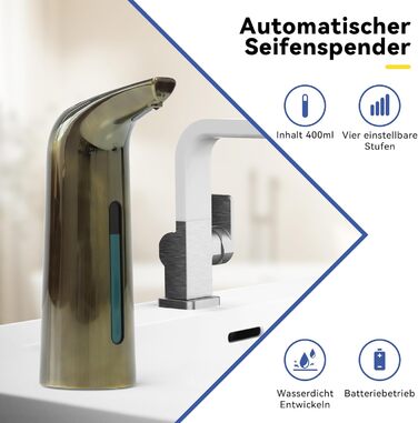 Автоматичний безконтактний дозатор мила з 4 рівнями регулювання, 400 мл, електричний, на батарейках, для встановлення на стіл, з інфрачервоним датчиком (Бронзовий), 400 мл, Бронза