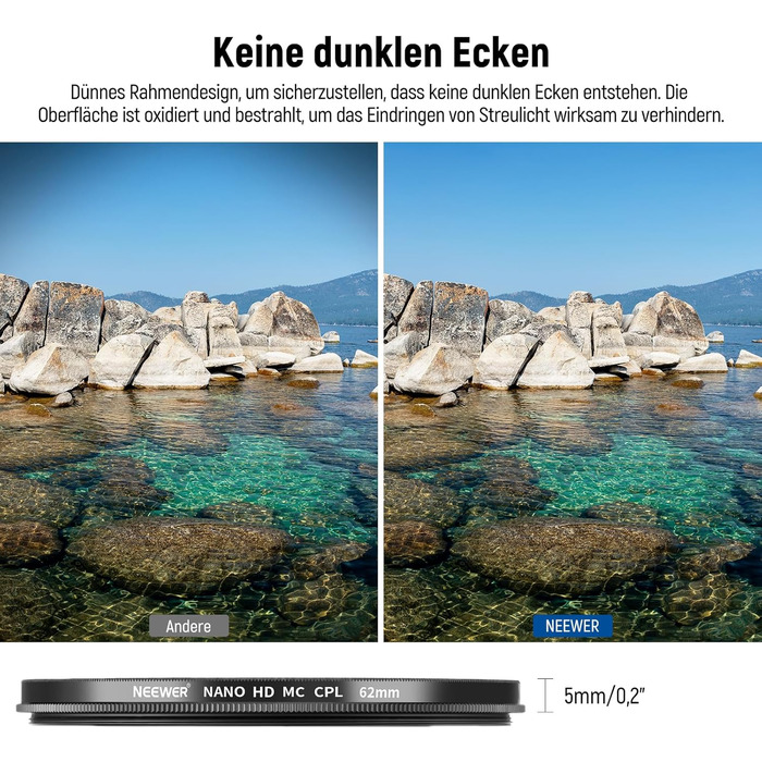 NEEWER Поляризаційний фільтр CPL 62mm для об'єктивів камери: зменшує відблиски, покращує контраст