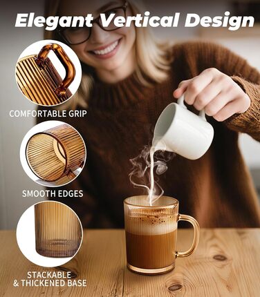 Набір з 4 чашок капучино 350мл, скляні, з рифленням, для лате/капучино/напоїв/кави/чаю - золоті