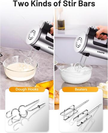 Електричний міксер VINATO 300W з 6 швидкостями, 2 насадки (венчик та гак) | Для тіста, яєць, збивання вершків, випічки | Потужний, захист від перегріву (чорний)