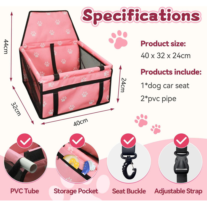 Автомобільний лежак для собак Flagest: зручний, знімний, 40x32x24 см (рожевий)