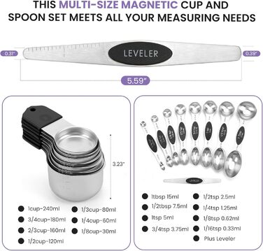 Magnetic Measuring Cup and Spoon Set, Durable 304 Stainless Steel, Double Measuring Markings, 16-Piece Set with Leveler for Measuring Dry and Liquid Ingredients (Color)