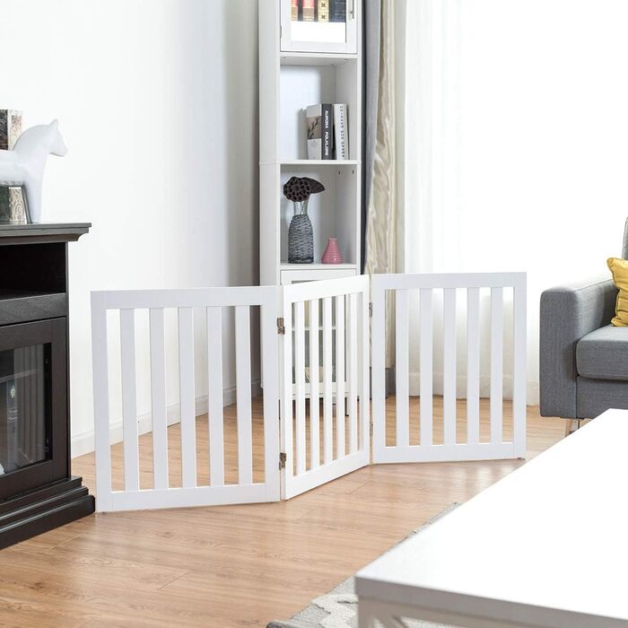 Захисний бар'єр для собак COSTWAY 60см, дерев'яне огорожа, дитяче ворота, розкладні, для захисту сходів, білий (3 панелі)