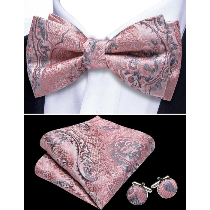Батерфляй (метелик) для чоловіків Barry.Wang, шовк, паєтковий малюнок, комплект з кишеньковим хустиною та запонками, для весілля, свят, формальних заходів (рожевий, сірий)
