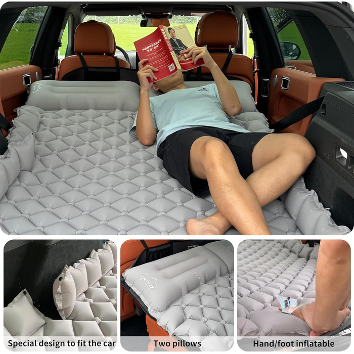 Автоматизована повітряна матрац для авто SUV, 2 особи, для кемпінгу та подорожей, самонадувна, з насосом та подушками, 183*13*7 см, чорний, підтримка (Сірий+сірий ковдра)