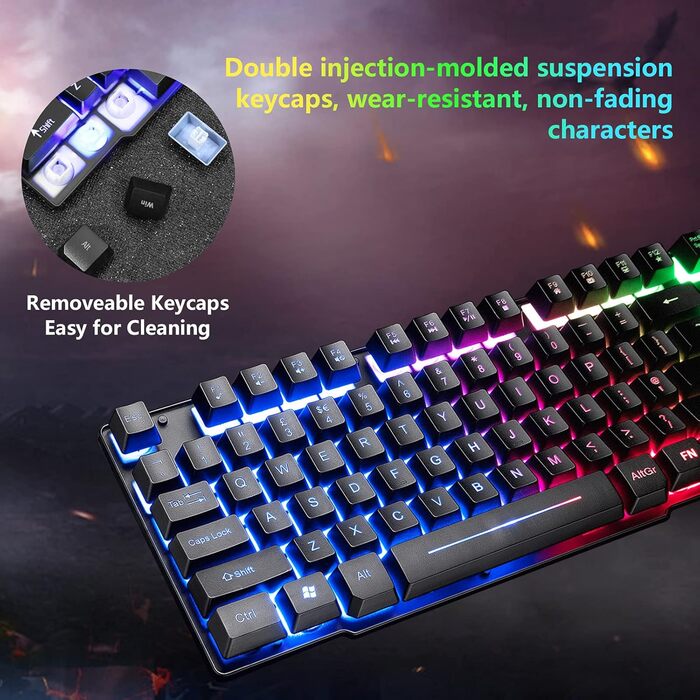 Ігровий набір клавіатури, навушників та миші: клавіатура 104 клавіші з підсвічуванням Rainbow, миша 2400DPI, навушники 7.1 Surround Sound RGB, мишка під клавіатуру, сумісний з PS4, Xbox (потрібен адаптер), білий/чорний