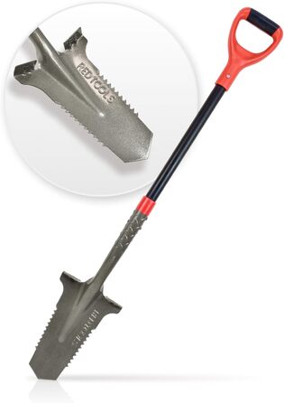 Садова лопата Red Tools Power Head з кореневою пилкою, 115 см, міцне лезо для кам'янистих і твердих ґрунтів, із підпорою для ноги та м'якою ручкою (сіра)