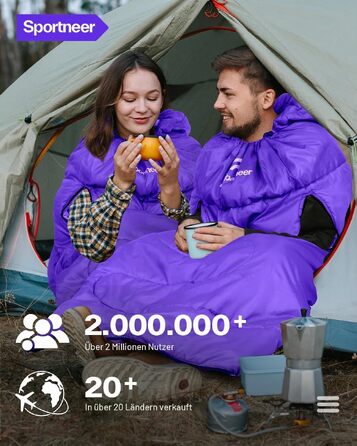 Спальний мішок Sportneer Outdoor для дорослих, теплий ковдувальний спальник на 3-4 сезони для кемпінгу та подорожей (220x85 см, фіолетовий, 10-26 °C)