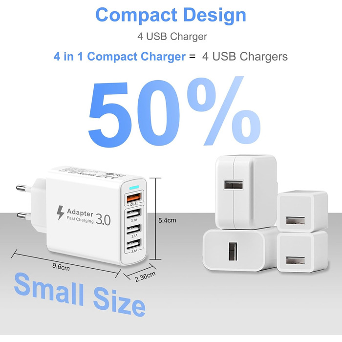 Багатопортовий зарядний пристрій USB з Quick Charge 3.0, 33W, 4 порти для iPhone 16/15/14/13/12/11/X, Samsung S24/S23/S21 та смартфонів