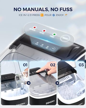 EUHOMY Ice Maker - портативний льодогенератор для дому, кухні, кемпінгу, RV. Швидке приготування (9 кубиків за 6 хв), 12 кг на день, самоочищення, з кошиком та лопаткою.