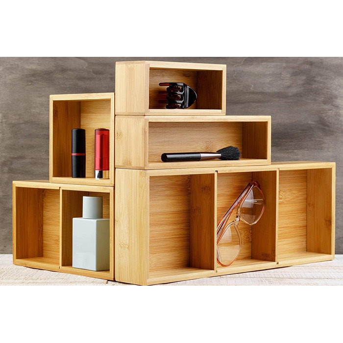 Bamboo Drawer Organizers, 5-Piece Set, with Various Compartments and Removable Dividers, Set of 5 Sturdy Wooden Storage Boxes with Extra Foot Pads for Home and Office
