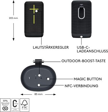 Портативна Bluetooth колонка Ultimate Ears Everboom: Водонепроникна (IP67), плаваюча, з глибокими басами та 360° звуком, до 20 годин роботи, радіус дії 55м - Чорний