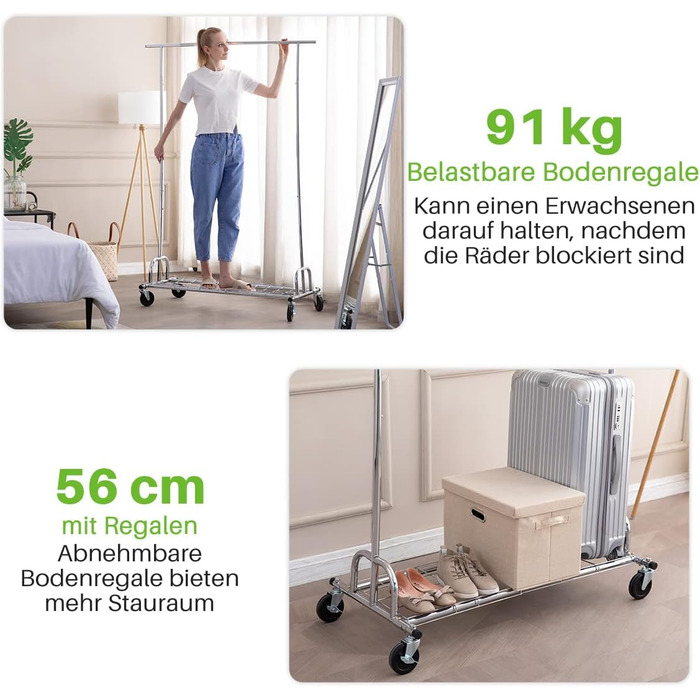 HOKEEPER Clothes Rack with Shelves, 450 kg Capacity, Rolling Clothes Rack, Portable Clothes Rack for Hanging, Chrome