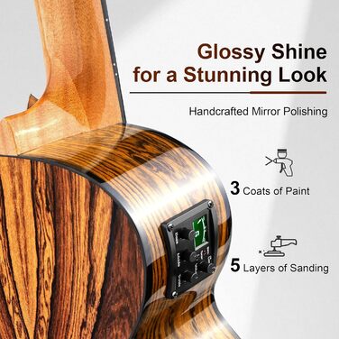 Гуітарела Caramel GEG95 з бокоте, блискуча, професійна, 6-струнна, акустична та електрогітара з аксесуарами для подорожей, 30'