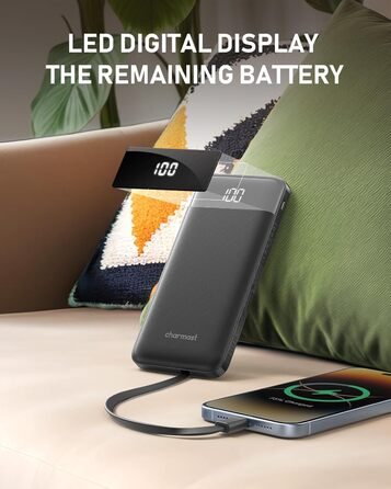 Powerbank Charmast 10000mAh з 4 кабелями, 6 виходами та 3 входами. Сумісний з iPhone, iPad, Samsung. Чорний