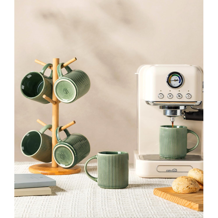 Набір посуду GBhome з реактивної глазурі для 6 осіб, 18 предметів. Ручна робота, керамічний посуд, безпечний для мікрохвильової печі та посудомийної машини. Глибокий зелений колір (Immergrün). Включає 6 чашок.