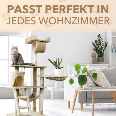 Кігтеточка для котів Foxdevil від xonic® - багатофункціональна кігтеточка з оглядовою платформою, гамаком, затишною печерею, іграшковою шнуркою, сходами – 141 см – (Бежевий V1)