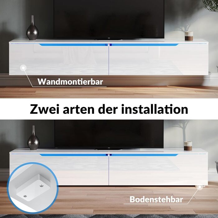 Підвісна ТВ тумба SONNI 180x35x30 см, білий глянець, з LED-підсвіткою 12 кольорів, без ручок, сучасний телевізійний стіл