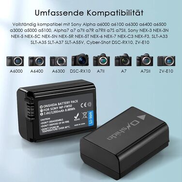 Akku Onshida NP-FW50 1200mAh 2 шт. для Sony Alpha/NEX/ZV-E10 (A6000, A6500, A7II, A7RII, A7S, A7S2, A7R, RX10, A3000, A33, A35, A37, A55, A5100)