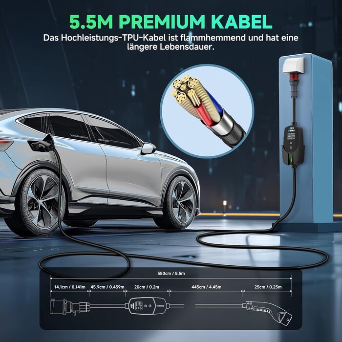 Кабель для зарядки електромобіля Type 2 Schuko, 3.68 кВт, 6.1 м, 6-16A (Чорний)