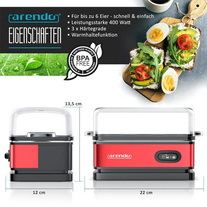 Електричний яйцеварка Arendo з нержавіючої сталі з підігрівом, регулюванням ступеня готовності та індикатором, червоний