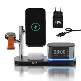 Бездротова зарядна станція 5-в-1 MMOBIEL MagSafe Qi2.2 25W: годинник, Bluetooth-колонка, нічник LED для iPhone, Apple Watch, AirPods - Чорна