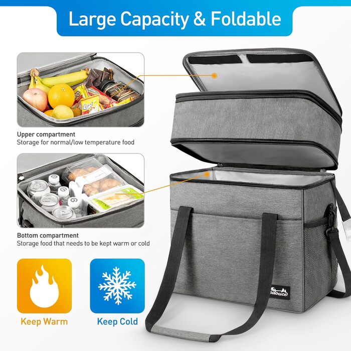 Термосумка Viedouce 30L: Ізольована сумка-холодильник для пікніків, кемпінгу та подорожей (сіра)