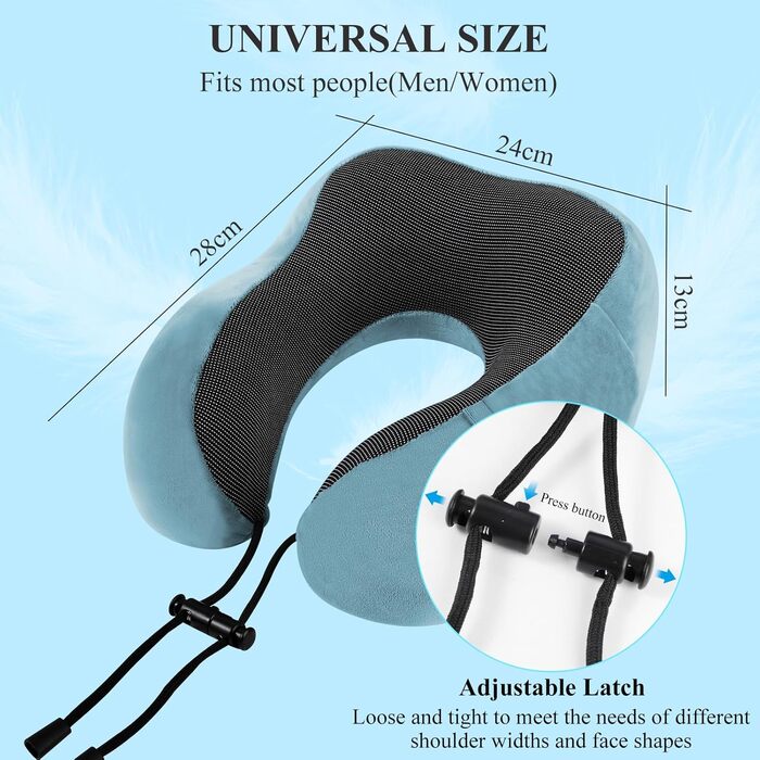 Подушка для шиї у вигляді їжачка Memory Foam для подорожей, дорослі, з навушниками, маскою для очей та сумкою, м'яка, дихаюча, для авто, літака, кемпінгу, офісу, блакитна