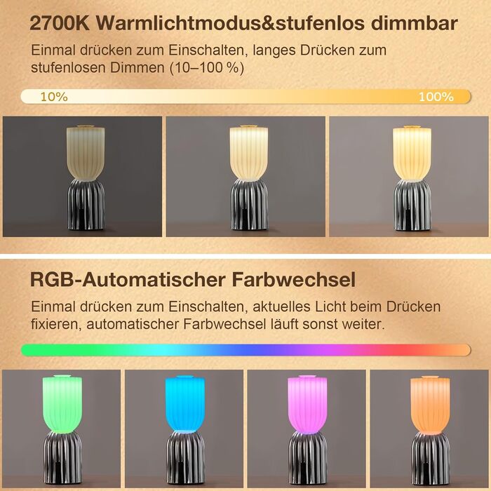 Світлодіодна настільна лампа бездротова акумуляторна з USB-C, димована, RGB підсвітка 2700K, IP54 для дому, балкону, саду (хром)