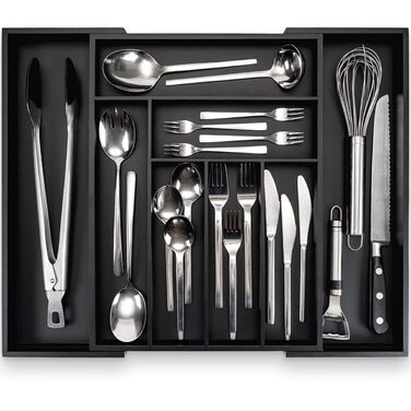 Органайзер для кухонних ящиків Besteckkasten #47 (глибина 47 см) з бамбука, чорний - висувний, система організації для столових приборів