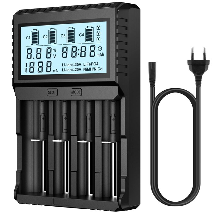 Зарядний пристрій POWXS Universal для акумуляторів 18650 Li-ion/Ni-MH/Ni-Cd з LCD-дисплеєм та тестуванням (4 слоти)