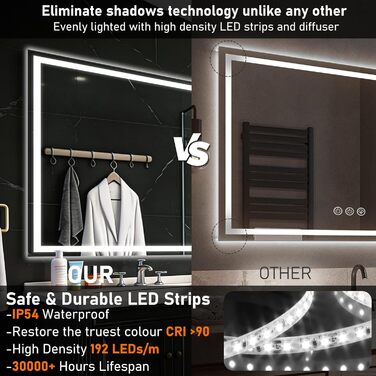 Дзеркало для ванної кімнати 50x70 см з підсвічуванням LED, антизапарник, диммер, 3 кольори світла