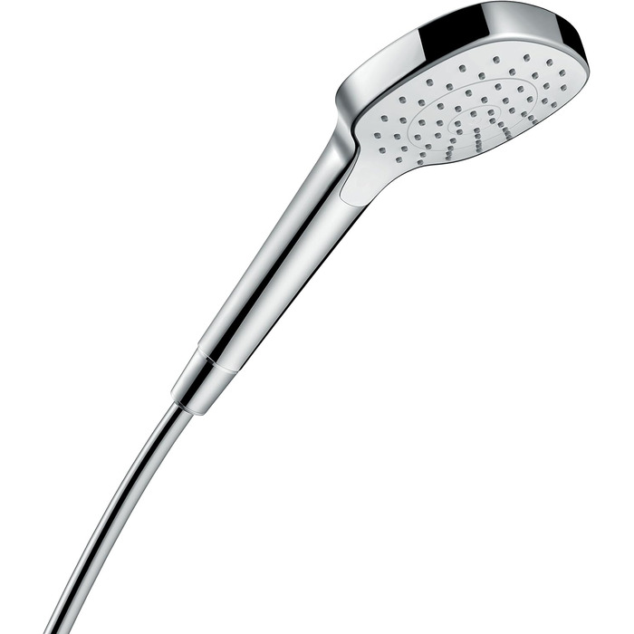 hansgrohe Croma Select E - water-saving showerhead 9 l/min (EcoSmart), hand shower with 3 spray patterns, square shower head (110 x 110 mm), showerhead with water-saving function and anti-limescale feature, White/Chrome (1 spray pattern)